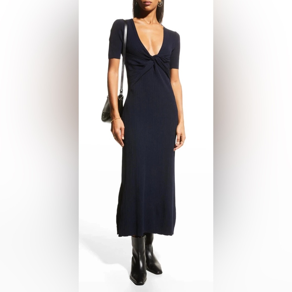 FRAME Navy Twist-Front Ribbed Stretch-Knit Midi Dress (XS/TP)